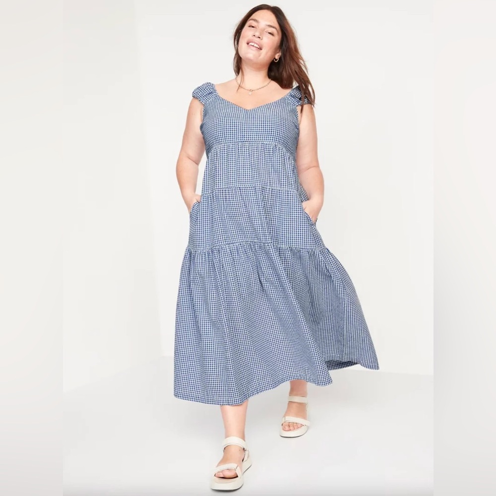 Old Navy blue & white gingham dress midi cotton blend tie back sz L Large